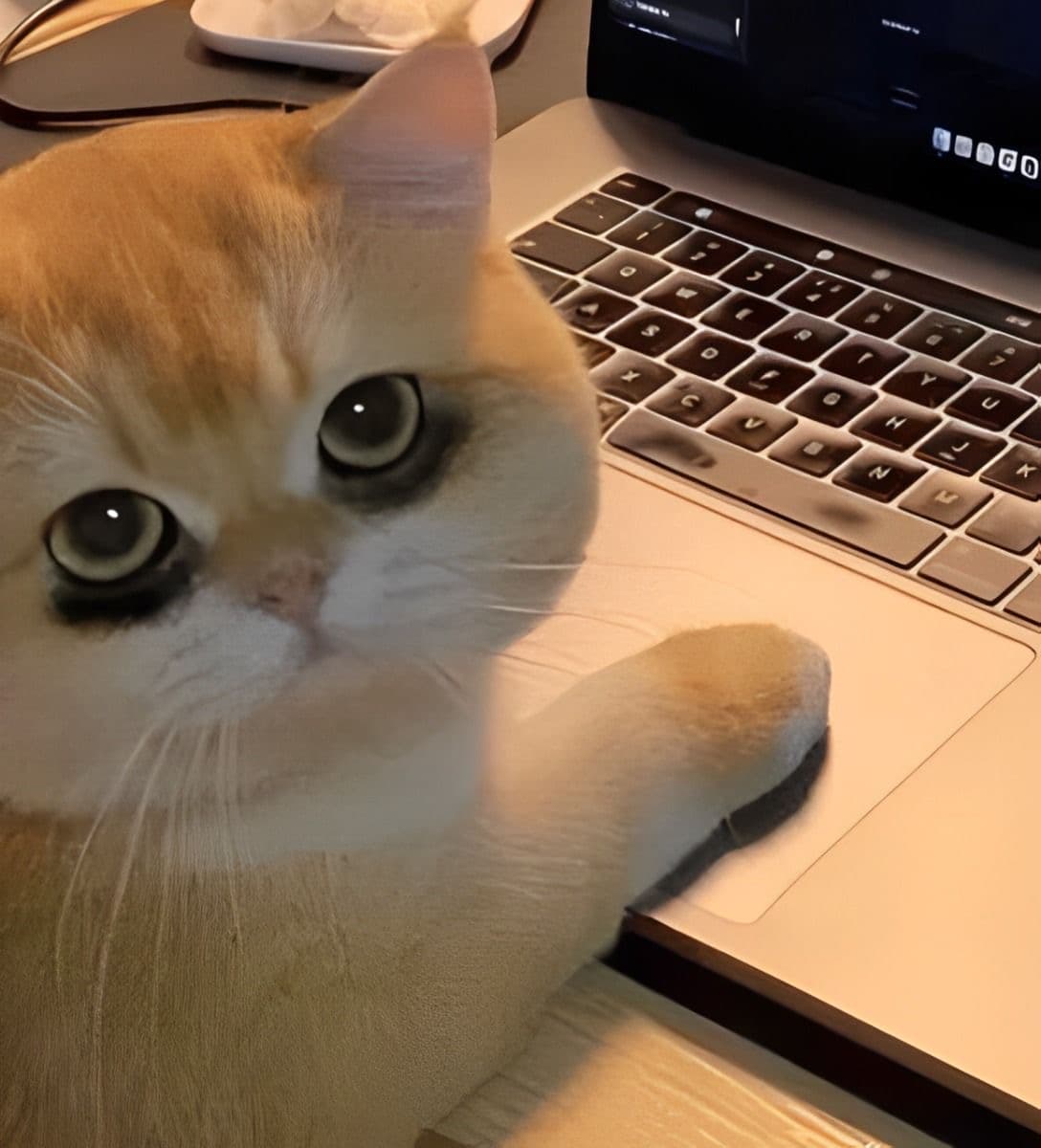 An orange and white cat resting its paw on a laptop