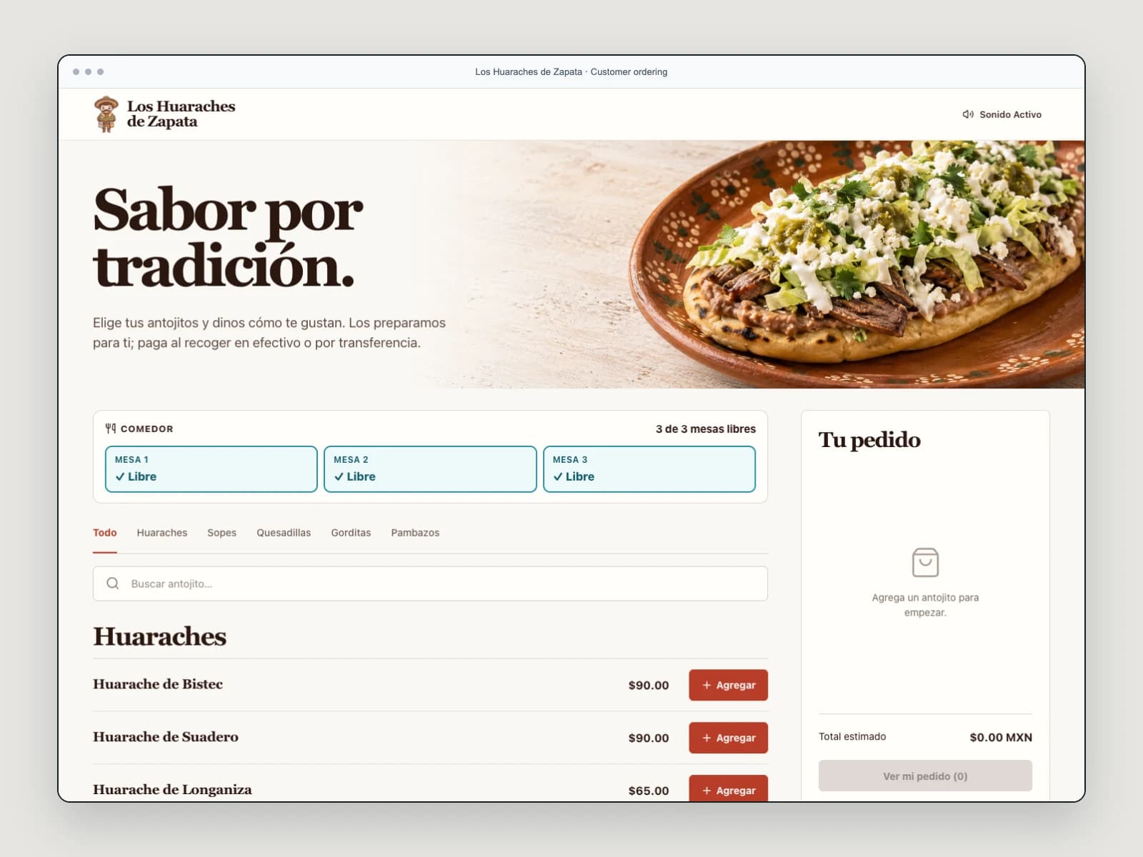 Los Huaraches de Zapata customer ordering interface from the MasaFlow restaurant project