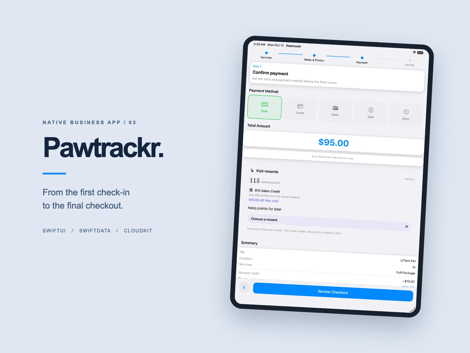 Pawtrackr native iPad checkout screen showing payment methods and visit loyalty rewards with test data